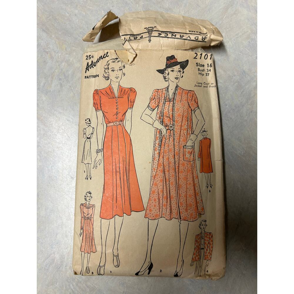 Vintage 1930's-40's Advance Pattern‎ #2101 Tea Frock and Bolero Size 16 HTF